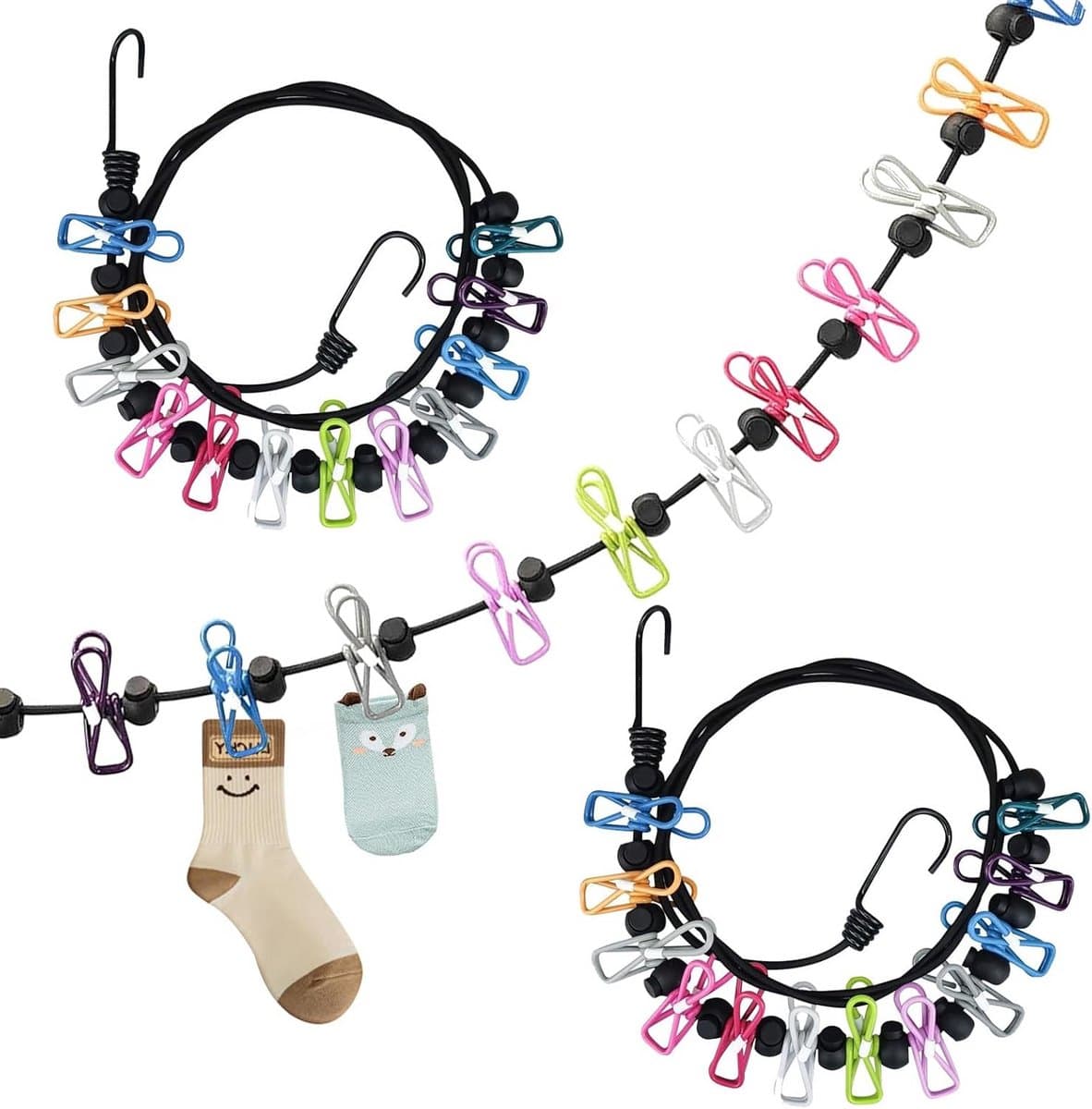 Draagbare Waslijnen - Reis wasrek - Kleding drogen - Met 12 clips - 2 stuks - Veelkleurig — afbeelding 1