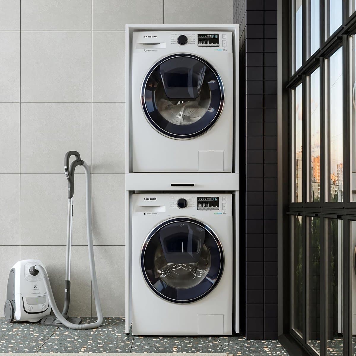 Wasmachinekast met uittrekplank voor droger en wasmachine - ruimtebesparend en stevig — afbeelding 1