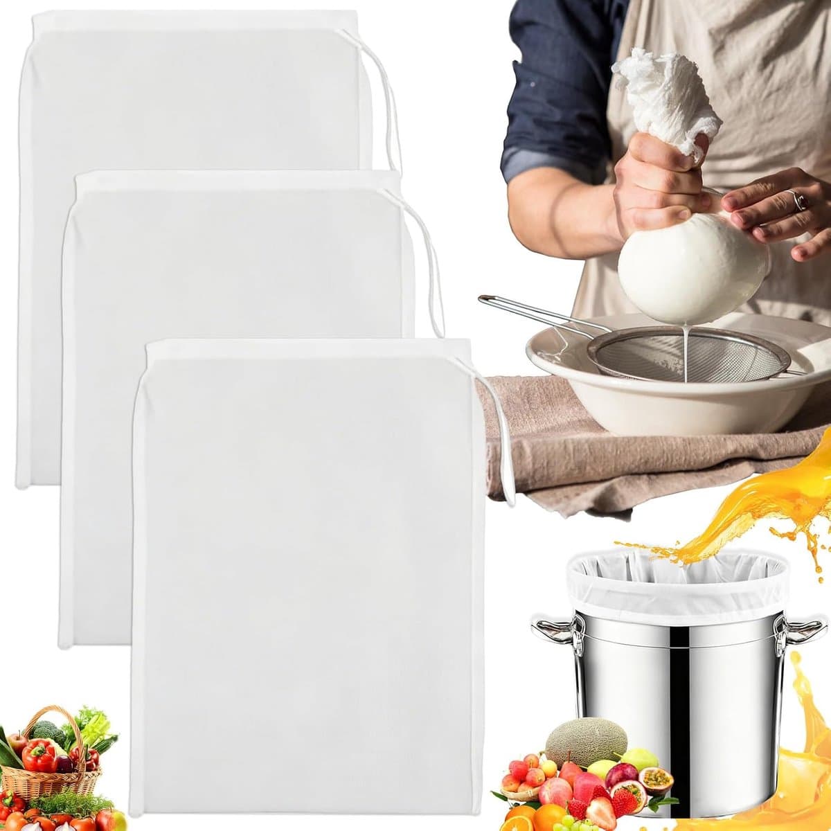 SnelShoppen - Pack van 3 Herbruikbare Filterdoeken, 200 Mesh, 45 x 60 cm, Met Trekkoord, Grote Zeefzak voor Wijnproductie, Nylon Gaasdoek voor Keuken, — afbeelding 1