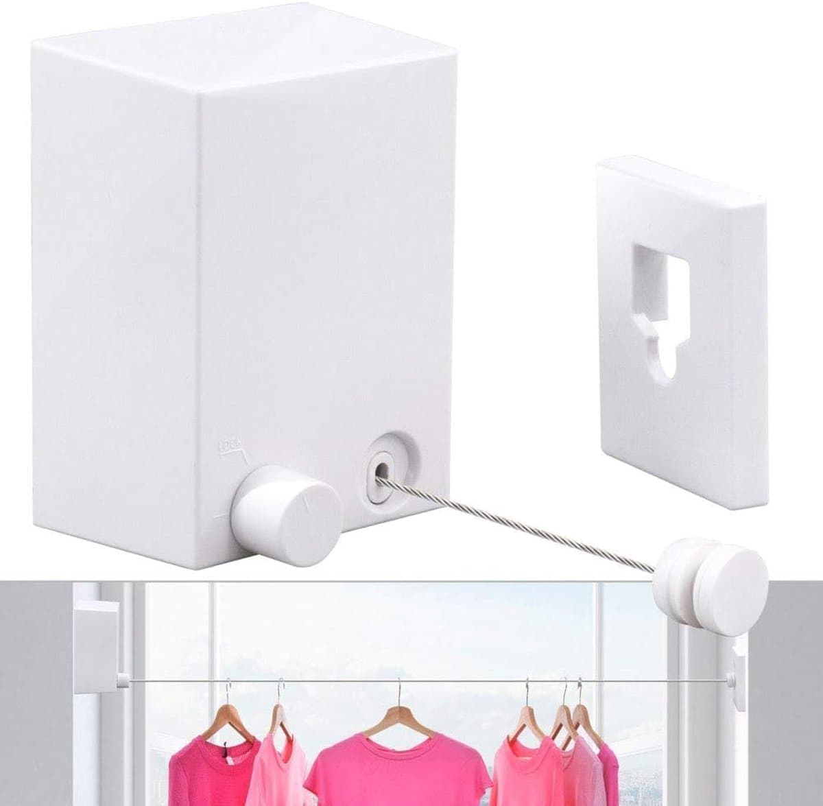 SnelShoppen - Uittrekbare Waslijn Wandmontage 4,2 m Roestvrijstalen Staaldraad Wit - Niet-Doorhangend, Duurzaam, Waterdicht, Voor Binnen en Buiten — afbeelding 1