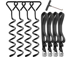 SnelShoppen - Set van 4 Grondankers voor Trampoline, Vloerbevestiging, Gegalvaniseerd en Roestvrij Staal, 4 Robuuste Straps voor Tuin, Camping, Schomm