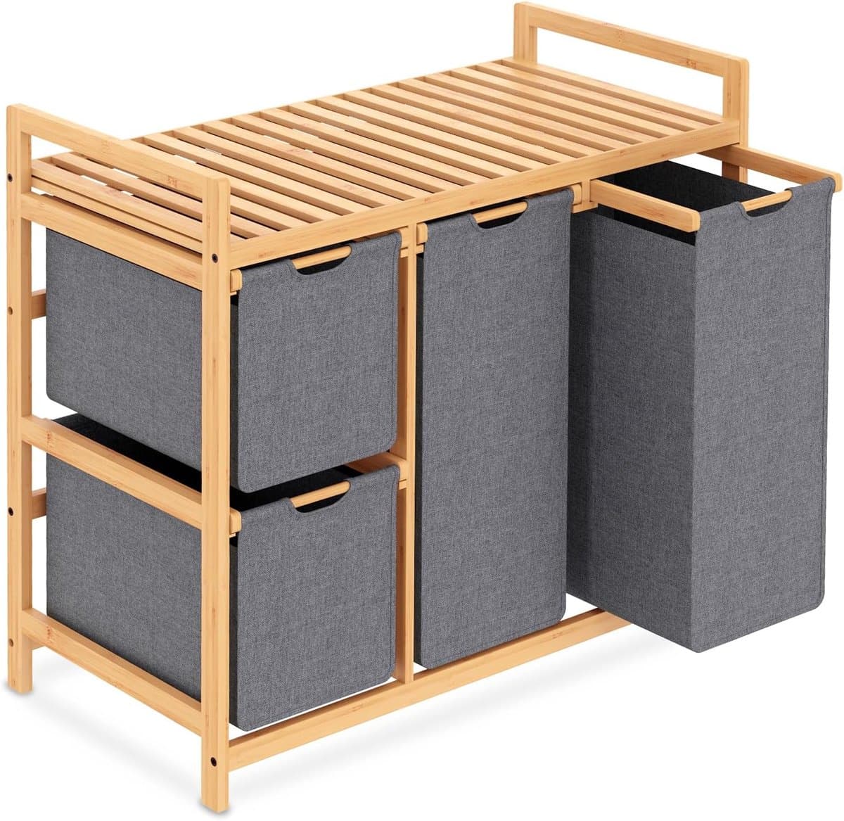 iEGrow Wasmand 3 compartimenten met plank, bamboe wasmand op wielen, 3 x 50 l uittrekbare waszakken, grijze wassorteerder organizer 3 secties wasmand voor slaapkamer badkamer, wasruimte — afbeelding 1