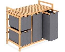 iEGrow Wasmand 3 compartimenten met plank, bamboe wasmand op wielen, 3 x 50 l uittrekbare waszakken, grijze wassorteerder organizer 3 secties wasmand voor slaapkamer badkamer, wasruimte