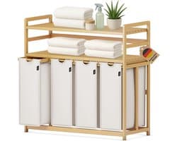 198 liter wasverzamelaar, 4 vakken, wasmand met dubbele plank | bamboe wasbox met uitneembare waszakken, ruimtebesparend voor badkamer, slaapkamer, waskeuken, grijs