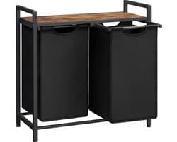 O’DADDY® Wasmand 2 vakken – wassorteerder - uitschuifbaar met plank - 73 x 33 x 72 cm – wasmand met uitneembare zakken en klittenband sluiting - 112L verdeeld over 2 zakken – wasmanden – wasmand zwart metaal - bruin hout — afbeelding 1
