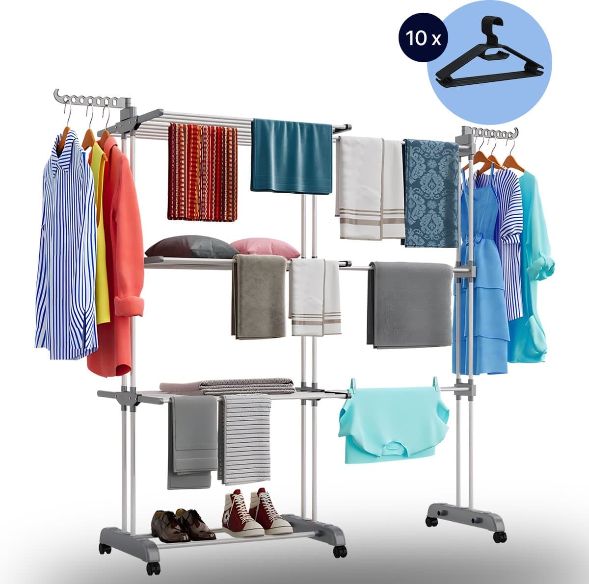 Inklapbaar Droogtoren – uitschuifbaar Wasrek – verplaatsbaar – 4 Verdiepingen – Wastoren Staand – Droogrek op Wielen - Grijs - Gratis kledinghangers — afbeelding 1