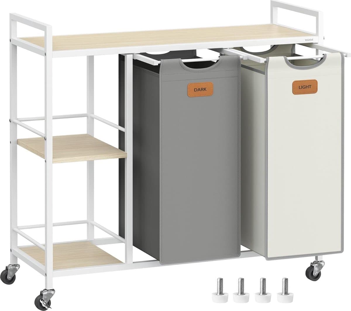 FurnStar - Wasmand 2 vakken - wasverzamelaar 100 l - wassorteerder - rollen - waswagen met planken - waszak - met afneembare vakken - 6 etiketten - kastanjebruin-inktzwart-87 x 33 x 80,5 cm - natuurbeige + duifgrijs + crèmewit — afbeelding 1