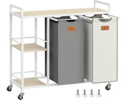 FurnStar - Wasmand 2 vakken - wasverzamelaar 100 l - wassorteerder - rollen - waswagen met planken - waszak - met afneembare vakken - 6 etiketten - kastanjebruin-inktzwart-87 x 33 x 80,5 cm - natuurbeige + duifgrijs + crèmewit