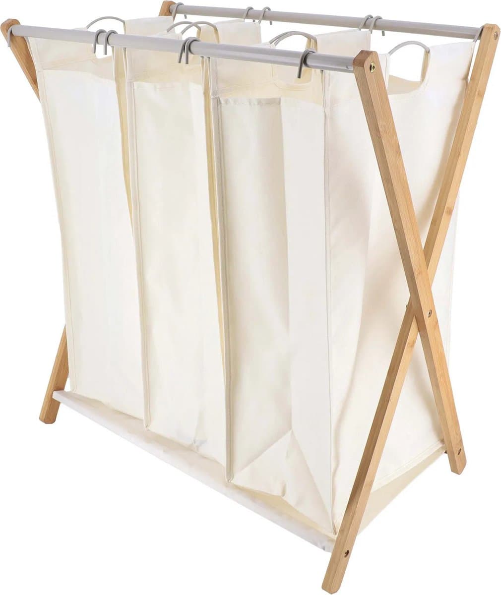 Tendance Wasmand met 3 compartimenten - bamboe hout - wit - inklapbaar - was sorteren — afbeelding 1