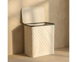 MAZAZU Wasmand met Deksel & Uitneembare Waszak - XXL 132 Liter - Diamond Stitch - Bamboe Frame - Crème Wit - 57x37x63 cm