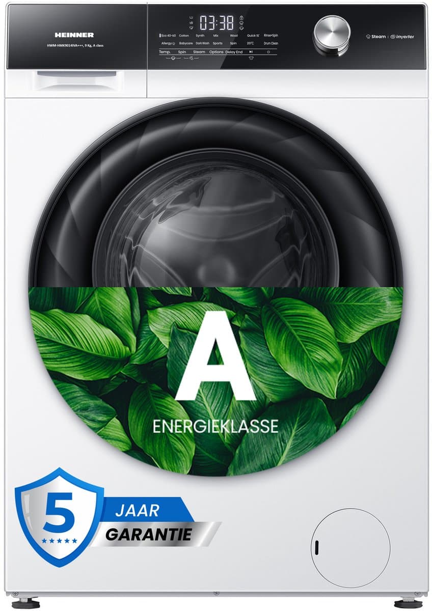 Heinner HWM-HMK9014IVA+++ Wasmachine – 9 kg – 1400 tpm – Inverter – Touchbediening – Allergievriendelijk – Energieklasse A – Wit – 5 Jaar Garantie — afbeelding 1