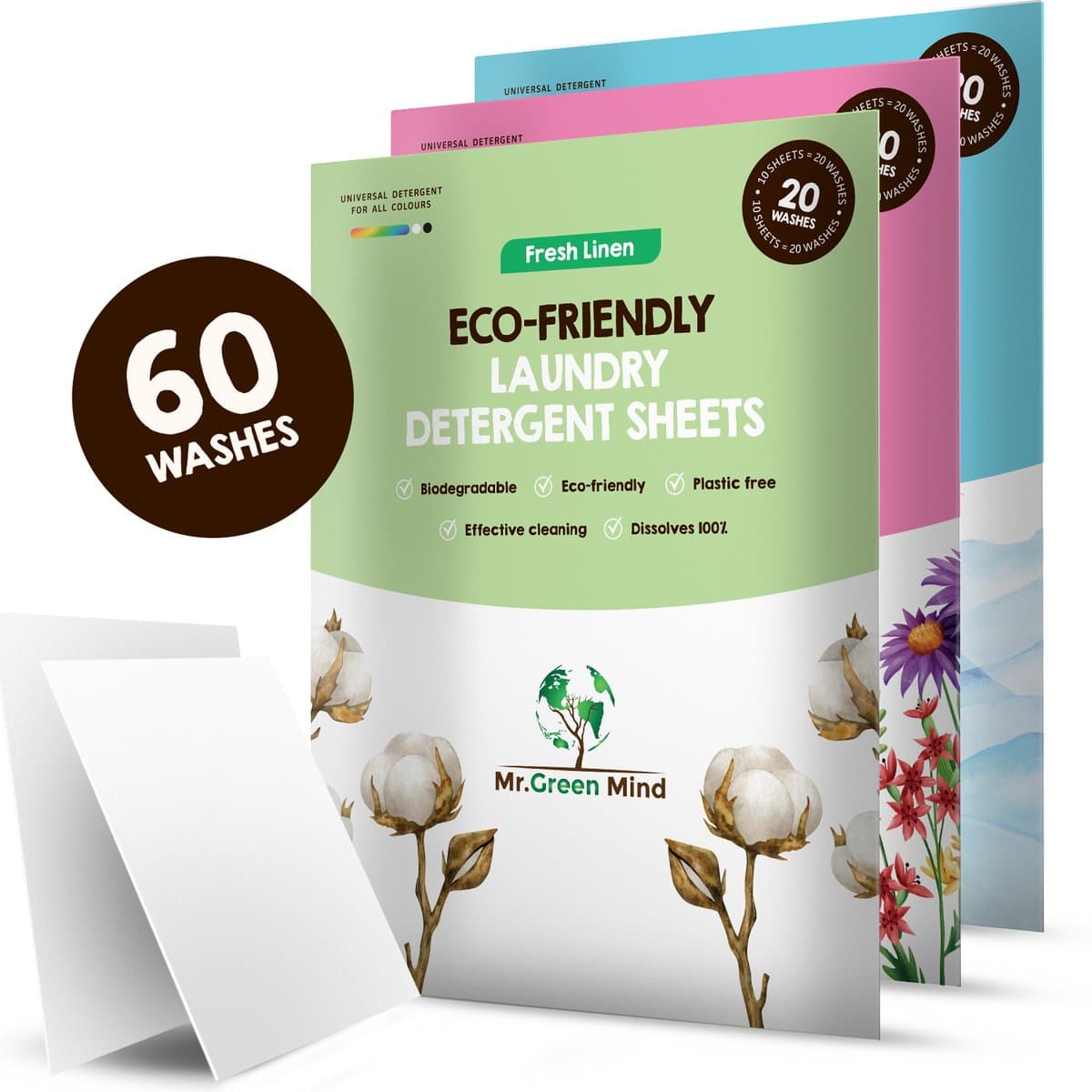 Proefpakket Wasstrips ECO 60 Wasbeurten in 3 Geuren Milieuvriendelijke Wasmiddeldoekjes Wasvellen Wasmiddel Voordeelverpakking incl. wasverzachter wasdoekje — afbeelding 1