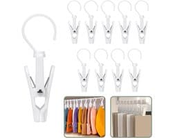 Washaken Clip - Washaken met klemmen - kleerhangers voor sokken - Drooghaak voor kleding - met 360 graden draaibare haak - Sterke plastic wasknijpers- draagbare antislip plastic hangers clips - Veelzijdig - 10stuks - wit — afbeelding 1