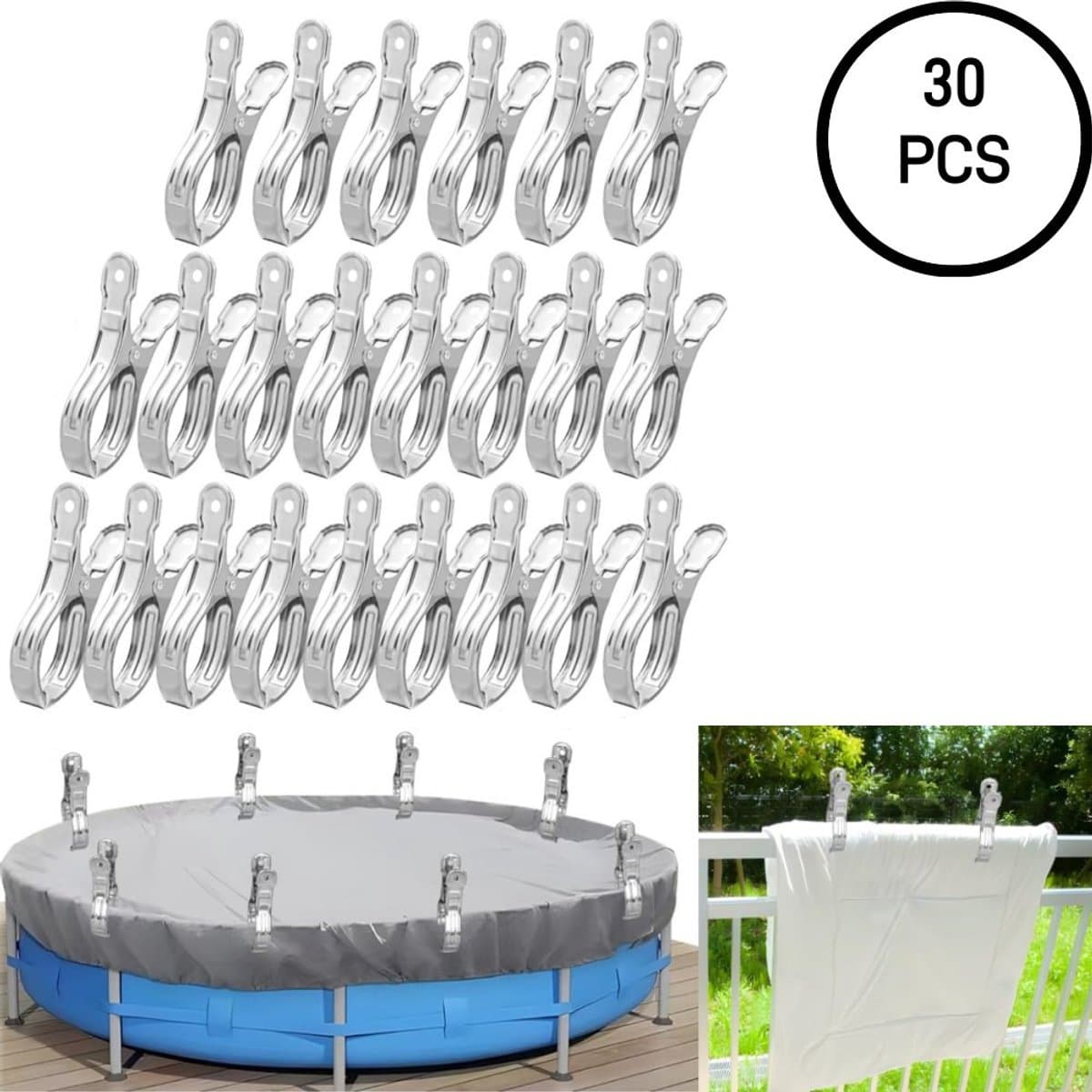 30 stuks - Winddichte clips van roestvrij staal - Clips voor zwembadafdekkingen - Gordijnclips - Kledingclips van metaal - Sterk en duurzaam - Roest niet snel - Zilver - 2*13cm - Geschikt voor balkon, zwembad, kledingkast — afbeelding 1