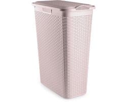 Plasticforte Smalle Wasmand met deksel Rotan - roze - gevlochten kunststof - 48 liter - 27 x 46 x 60 cm