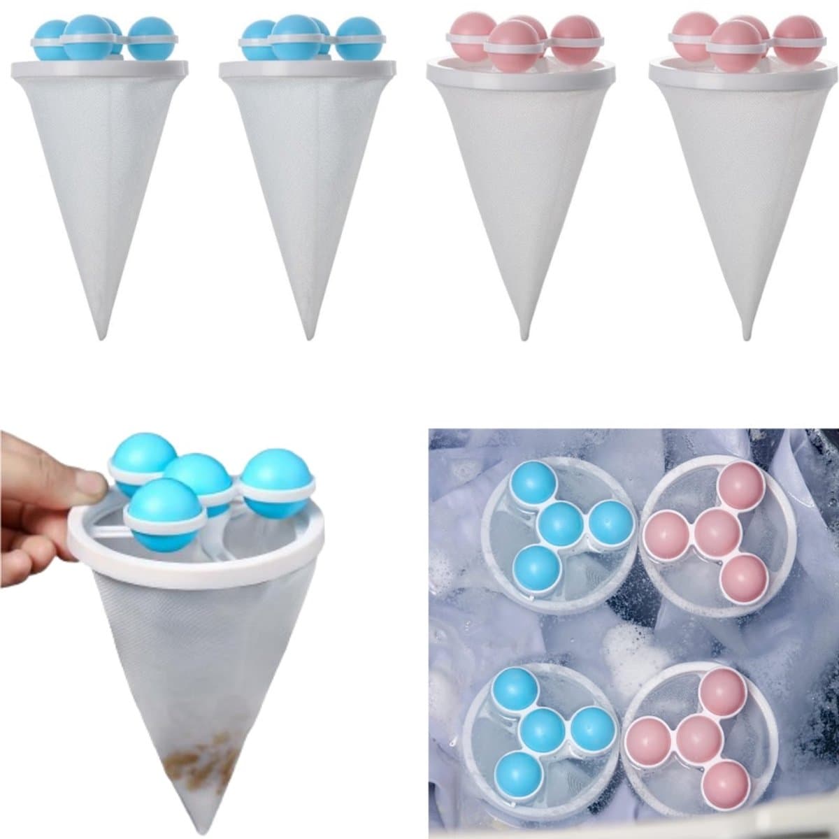 4 stuks - Wasmachinehaarfilterzakken - Wasmachinepluizenverzamelaar - Huisdierhaarverzamelaar - Wasmachinefilter - Drijvend haarfilter - Herbruikbaar - Blauw en roze - Geschikt voor bescherming van de wasafvoer — afbeelding 1