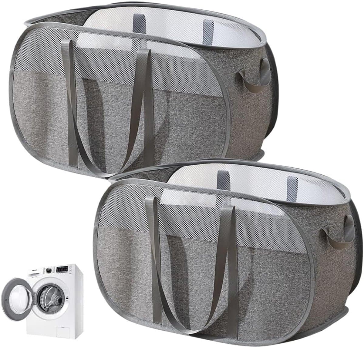2 stuks Opvouwbare wasmand, opvouwbare wasmand, waszak, wasmand voor vuile was met handvat voor badkamer, slaapkamer, wasruimte, kinderkamer, reizen, grijs 58 x 36 x 36 cm — afbeelding 1