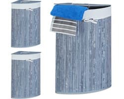3x wasmand hoekmodel bamboe - 60 liter - deksel - wasbox - driehoekig - grijs