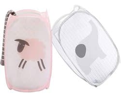 2 Stukken Vuile Kledingmand - Mesh Pop Up Wasmanden - Opvouwbare wasmand - 30x50cm - Speelgoedmand Kinderen - Wasbox Opvouwbaar - Laundry basket - Wasmanden - Opbergmand voor Badkamer - Waszak (roze, grijs)