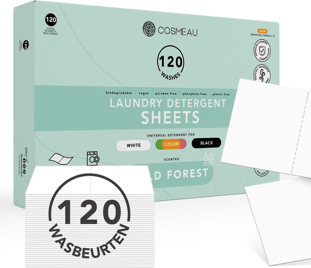 Cosmeau G5 Wasmiddel Wasstrips 120 Wasbeurten - Wilde Bossen Wild Forest - Wasvellen - Wasmiddeldoekjes - Detergent Sheets - Wasdoekjes — afbeelding 1