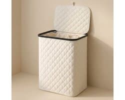 MAZAZU Wasmand met Deksel - 100 Liter - Uitneembare Binnenzak - Bamboe Frame - Crème Wit - Opvouwbare Wasbox - 44x33x69 cm