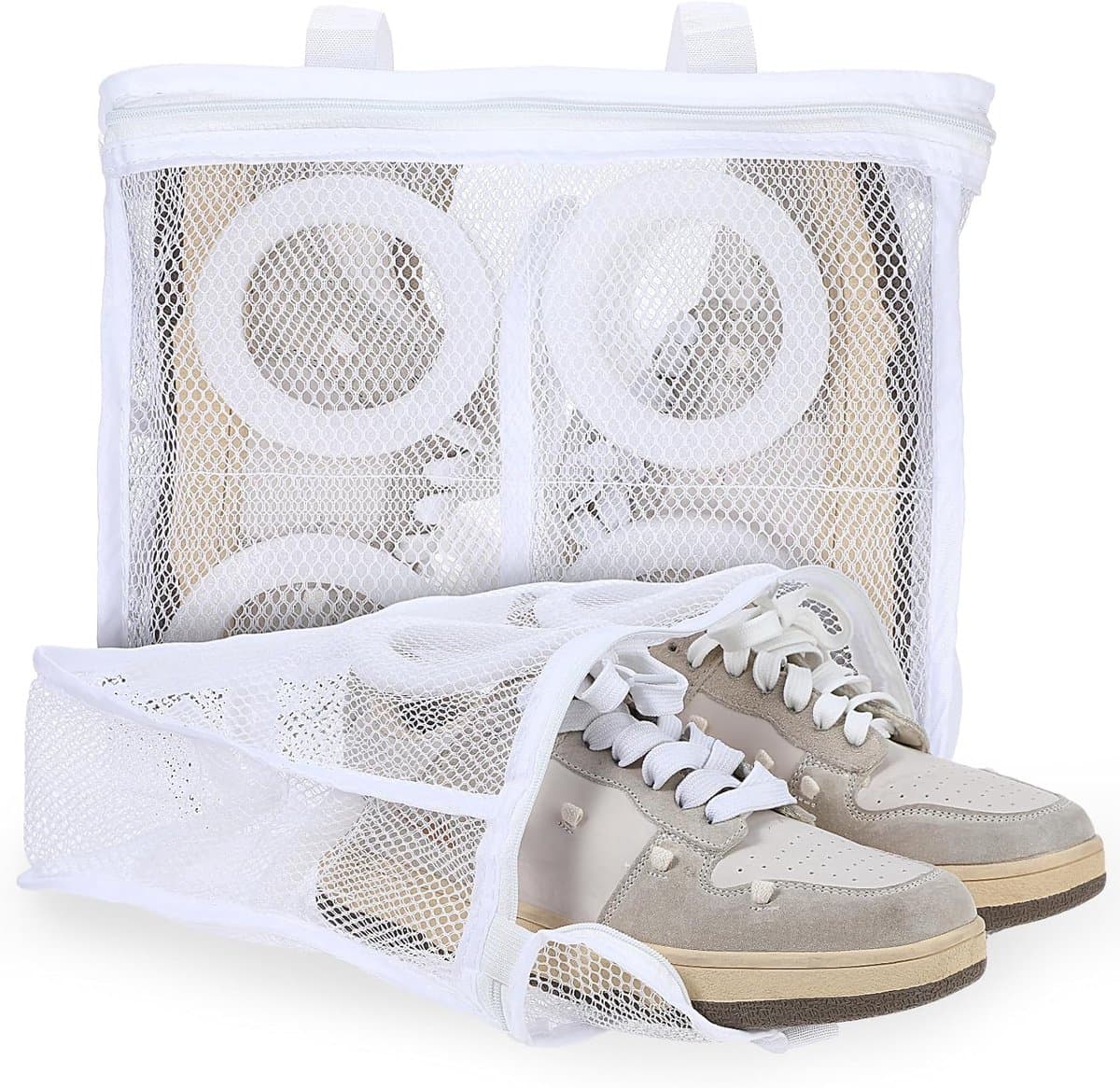 Waszak - Schoenen was tas – Was tassen - Opvouwbaar - Beschermt tegen Vormverlies – Fijnmazig Net – Met Ophanglus – Geschikt voor schoenen en kleding – Herbruikbaar – 28x24.5x8 cm - 2 Stuks - Wit — afbeelding 1