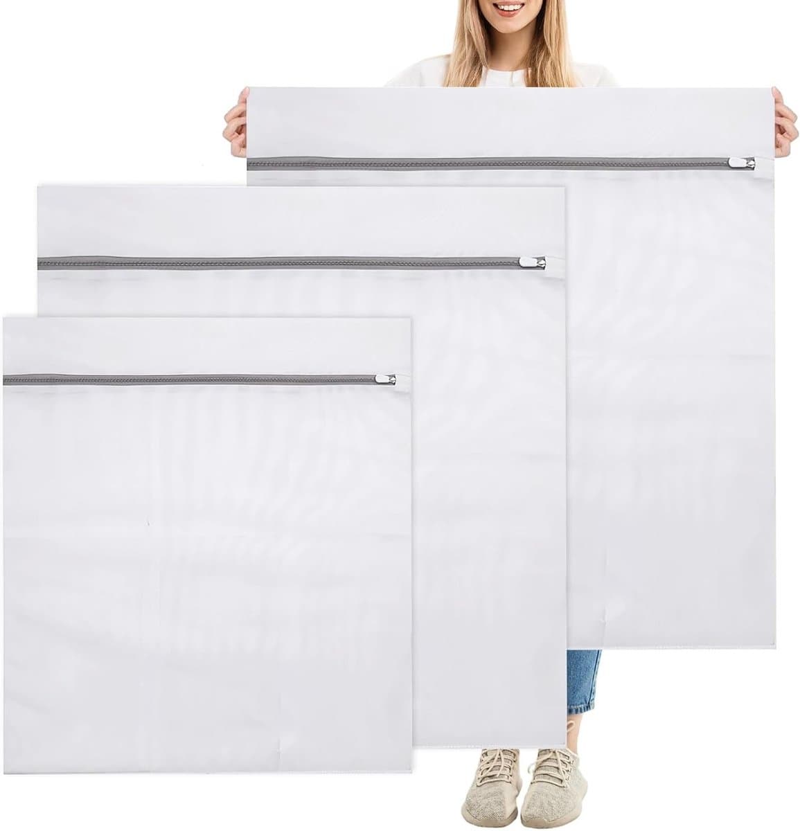 Set van 3 Wasnetten voor de Wasmachine - Fijnmazige Polyester Waszakken met Verborgen Rits voor Dekens, Jassen en Kussenslopen - 50 x 60 cm en 80 x 90 cm — afbeelding 1