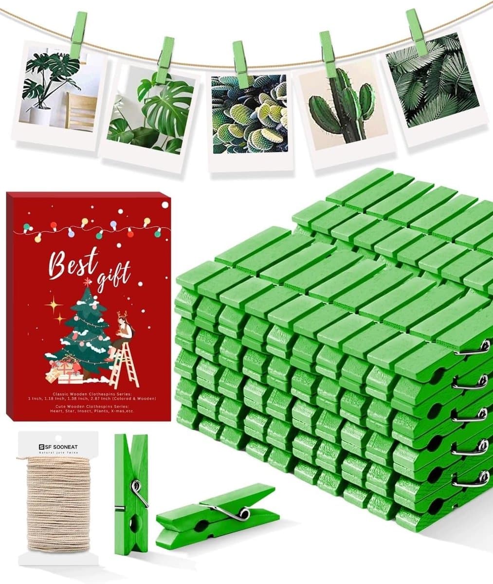 Mini wasknijpers - Kleine clips - Foto's ophangen - Natuurlijk hout - 100 stuks - Groen — afbeelding 1