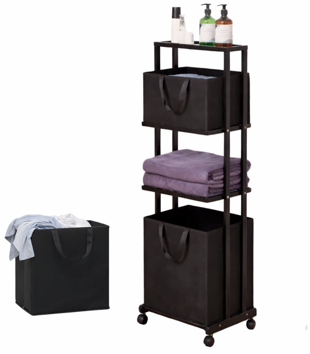 Eleganca Wassorteerder 3 Vakken - Wasmand - Met Wieltjes - H121 x L42 x B34 - Bamboe Zwart — afbeelding 1