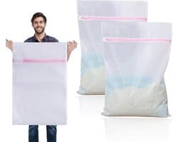 Twee extra grote XXL waszakken, voorvoor de wasmachine. Deze zakken kunnen ook gebruikt worden Geschikt voor het wassen van gordijnen, jassen, donsjassen, tapijten, handdoeken, enz.