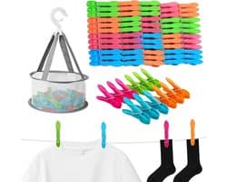 Wasknijpers met mand - Kledingklemmen - Was ophangen - Windbestendig materiaal - 50 stuks - Kleurrijk
