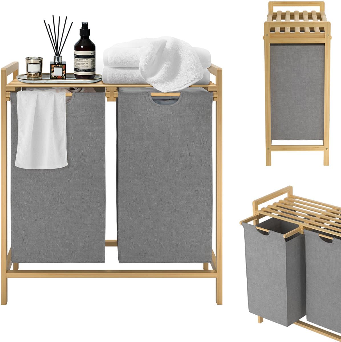 Wasmand van bamboeframe, 2 vakken, 36 l, 73 x 64 x 33,5 cm, wasverzamelaar met plank, waszak van Oxford-weefsel, wassorteerder, hout, waszakken voor bijkeuken, slaapkamer, grijs — afbeelding 1