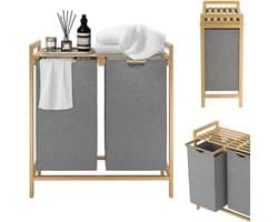 Wasmand van bamboeframe, 2 vakken, 36 l, 73 x 64 x 33,5 cm, wasverzamelaar met plank, waszak van Oxford-weefsel, wassorteerder, hout, waszakken voor bijkeuken, slaapkamer, grijs