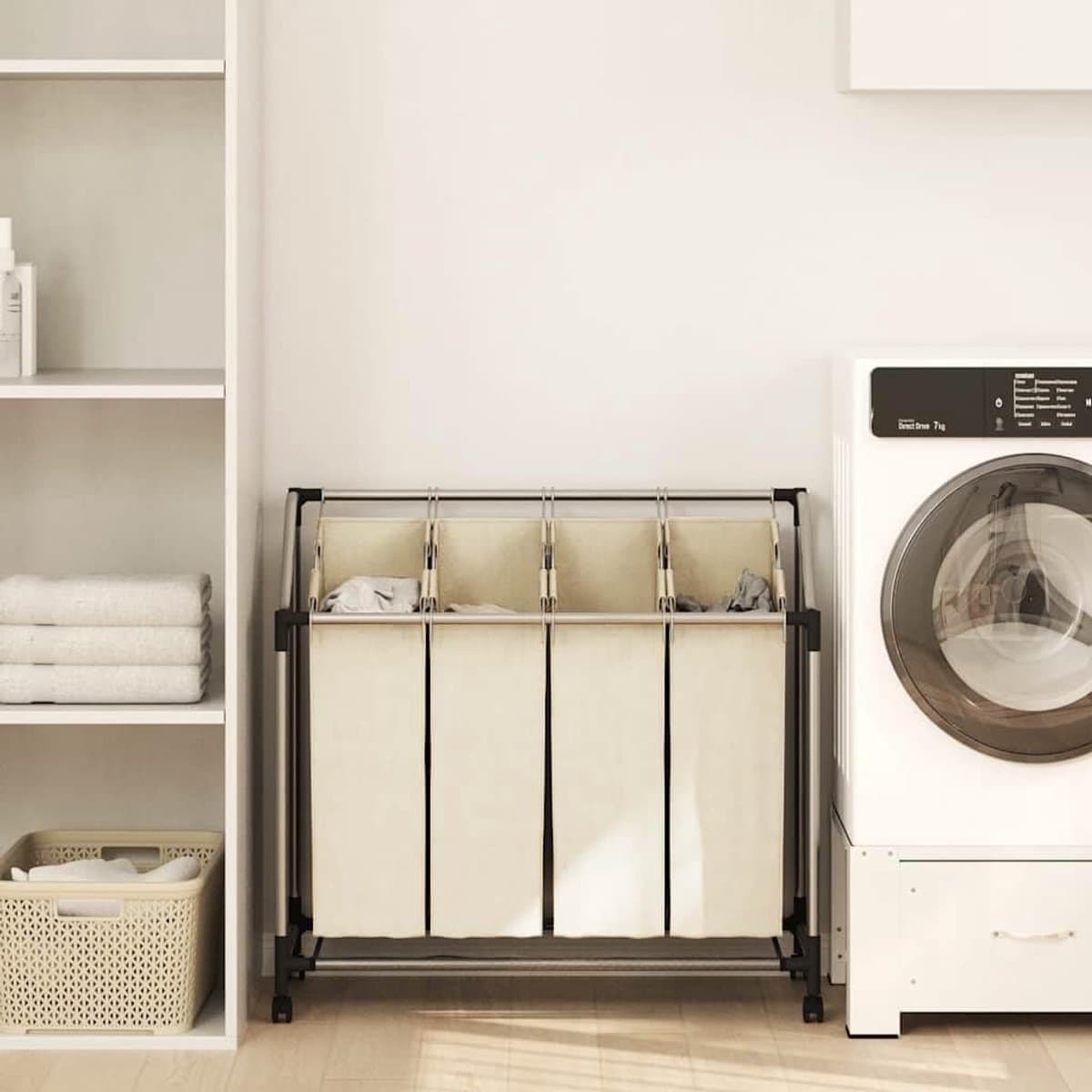 Wasmand met 4 vakken op wielen - wassorteerder met stevig stalen frame voor huishouden, waswagen in crème, 96 x 40 cm — afbeelding 1