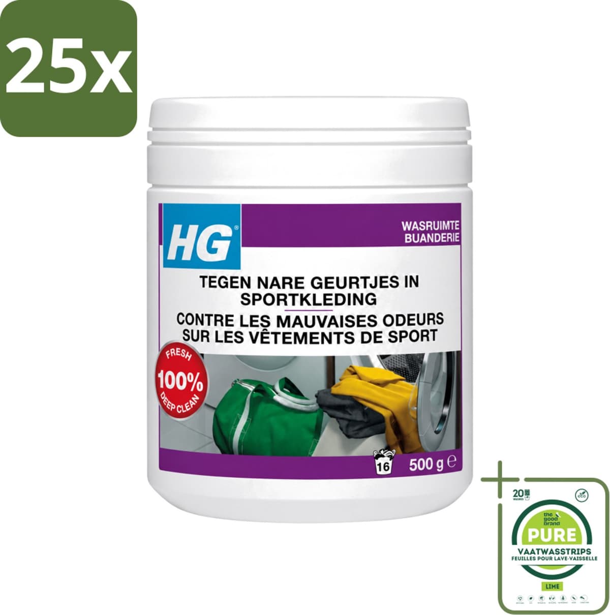 25 x HG - Wasruimte - Tegen Nare Geurtjes In Sportkleding - Wasmiddeltoevoeging - 500 g - Grootverpakking - Vaatwasstrips - Geurverwijdering Sportkleding - Stankmoleculen Verwijderen - Wasmiddel Toevoeging - Sportkleding Geur - Handdoek Geur — afbeelding 1