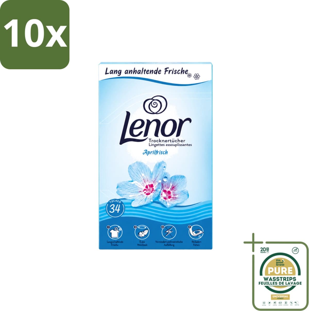 10 x Lenor - Droogtrommeldoekjes - Aprilfris - Textielverfrisser - 34 Doekjes - Wasstrips - Droogtrommeldoekjes - Wasdoekjes - Textielverfrisser - Frisheid - Statische Elektriciteit — afbeelding 1