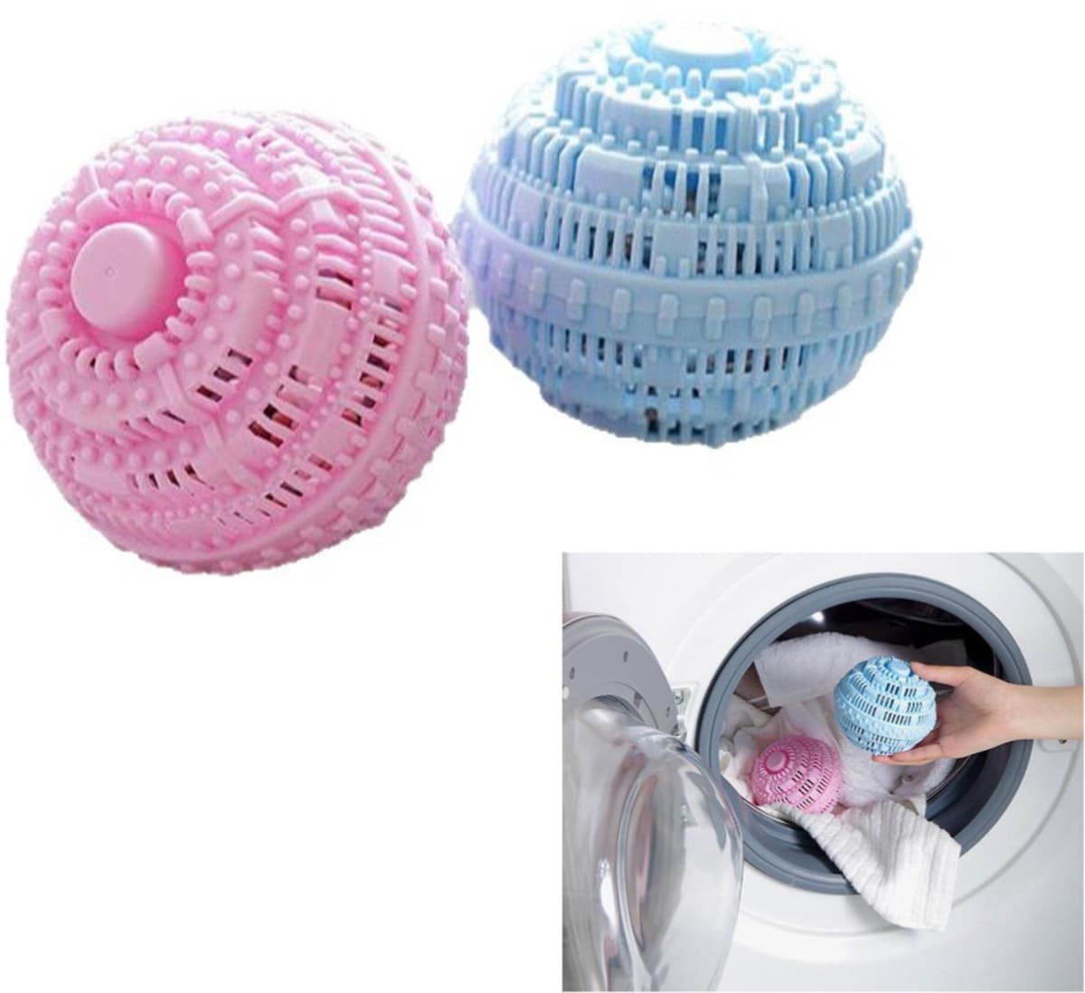 Set van 2 – Wasballen – Wasbenodigdheden – Vlekverwijderende reinigingsballen – Voorkomen klitten – Herbruikbaar – Verzachtend effect – Geschikt voor T-shirts, jeans, sokken — afbeelding 1