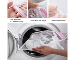 Waszak Wasmachine - 40 x 30 cm - 2 stuks - Wasnet Reizen - Laundry Bag - Waszak met Rits - Wit met Roze Rits
