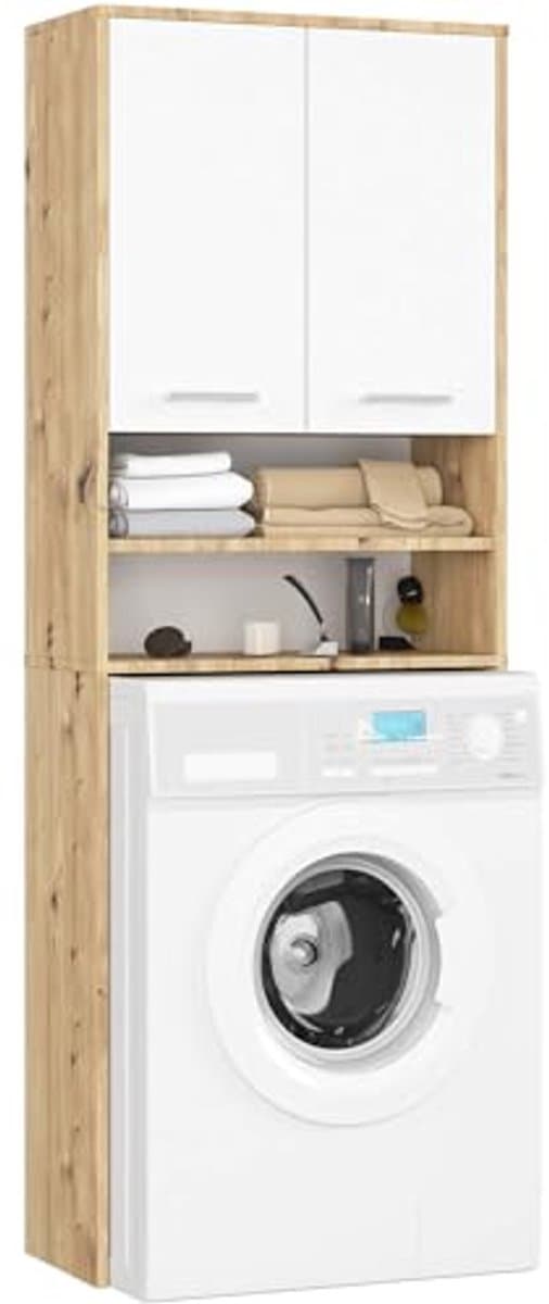 Wasmachine-ombouwkast met 2 deuren | Bovenbouwkast 64 cm | Hoge Wasmachinekast | Opbergkast voor Badkamer | Wit Artisan-eiken — afbeelding 1
