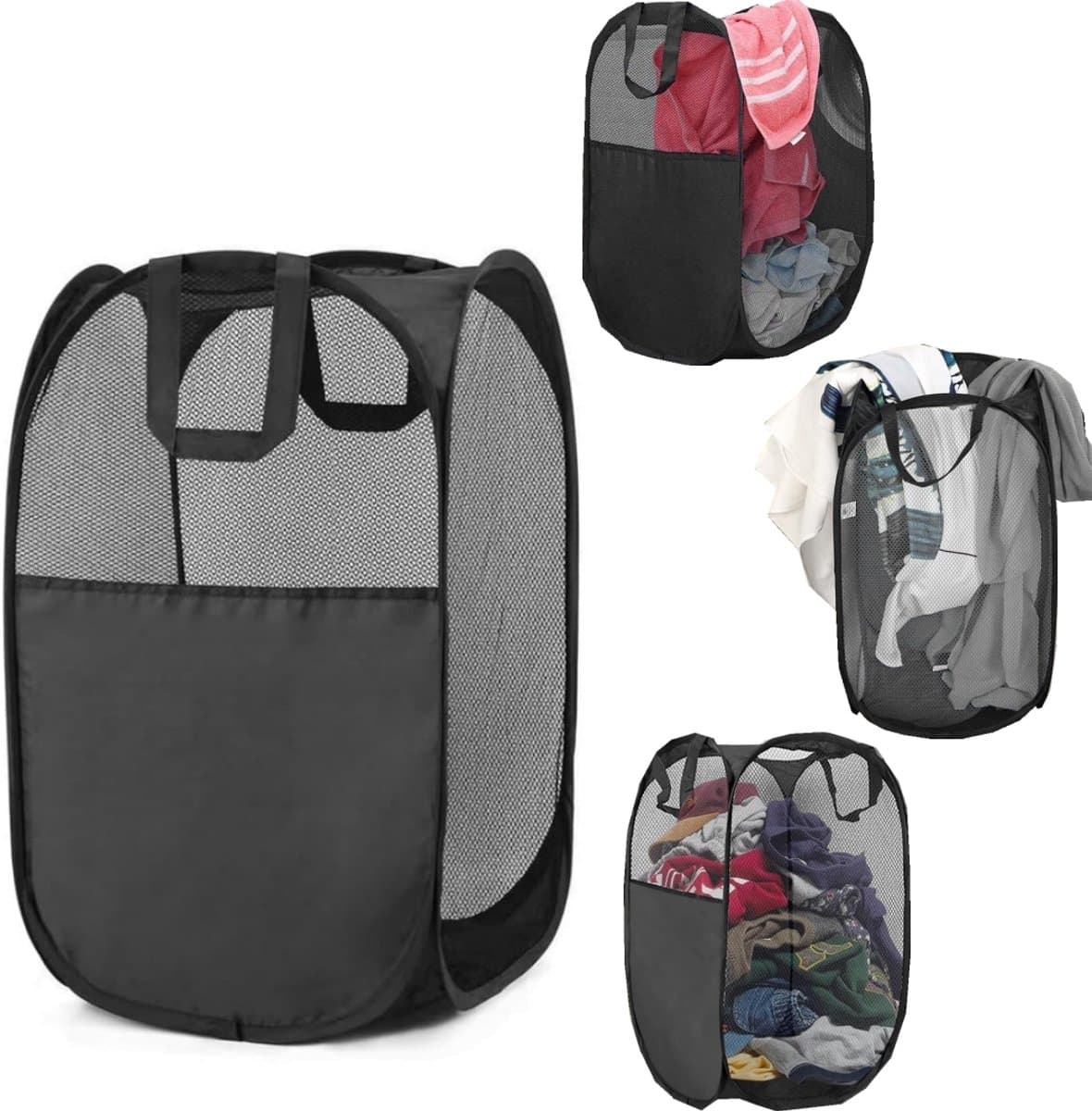 Wasmand - waszakken - wasmand voor vuile was - opvouwbare opbergmand - mesh opbergmand - pop up wasmand - met handvat - geschikt voor het opbergen van kleding, handdoeken, basketballen en speelgoed (36*58cm - zwart) — afbeelding 1