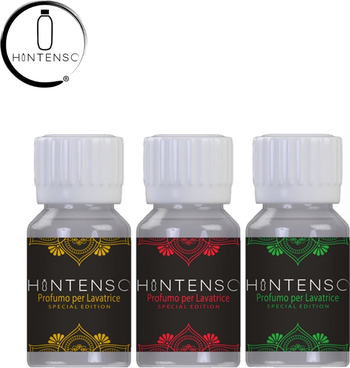 Wasparfum Hintenso Mini Special Edition Gold - Red - Green Testers - 3X 15ml 9 Wasbeurten - Proefpakket - Frisse was - Heerlijke geur – Textielverfrisser - Wasverzachter – Wasparfum - Samples - Proefpakket - Wasmachine — afbeelding 1