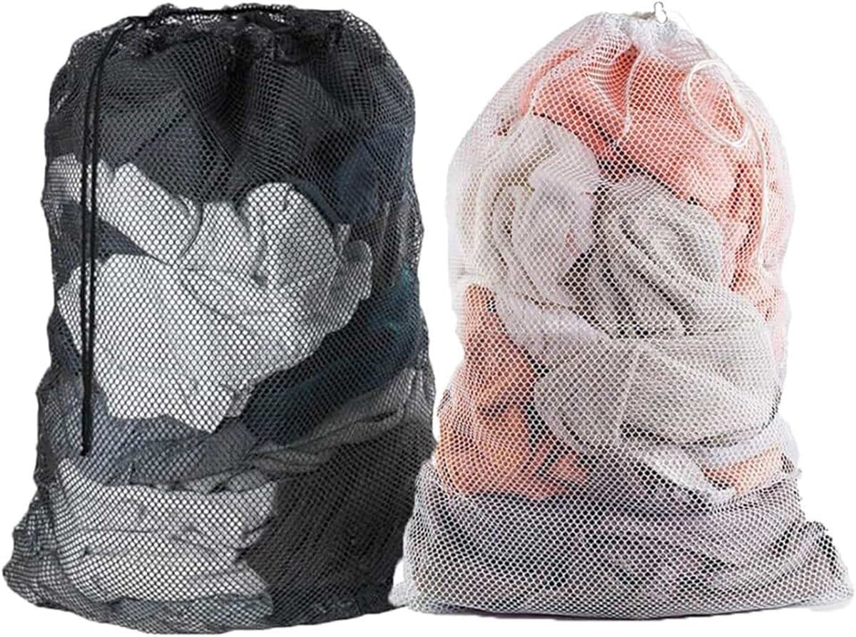 2 stuks grote wasmachinetassen, wasmachinetas, 60 x 90 cm, extra grote herbruikbare reistas met dicht trekkoord voor kleding, broeken, overhemden en sokken (wit/zwart) — afbeelding 1