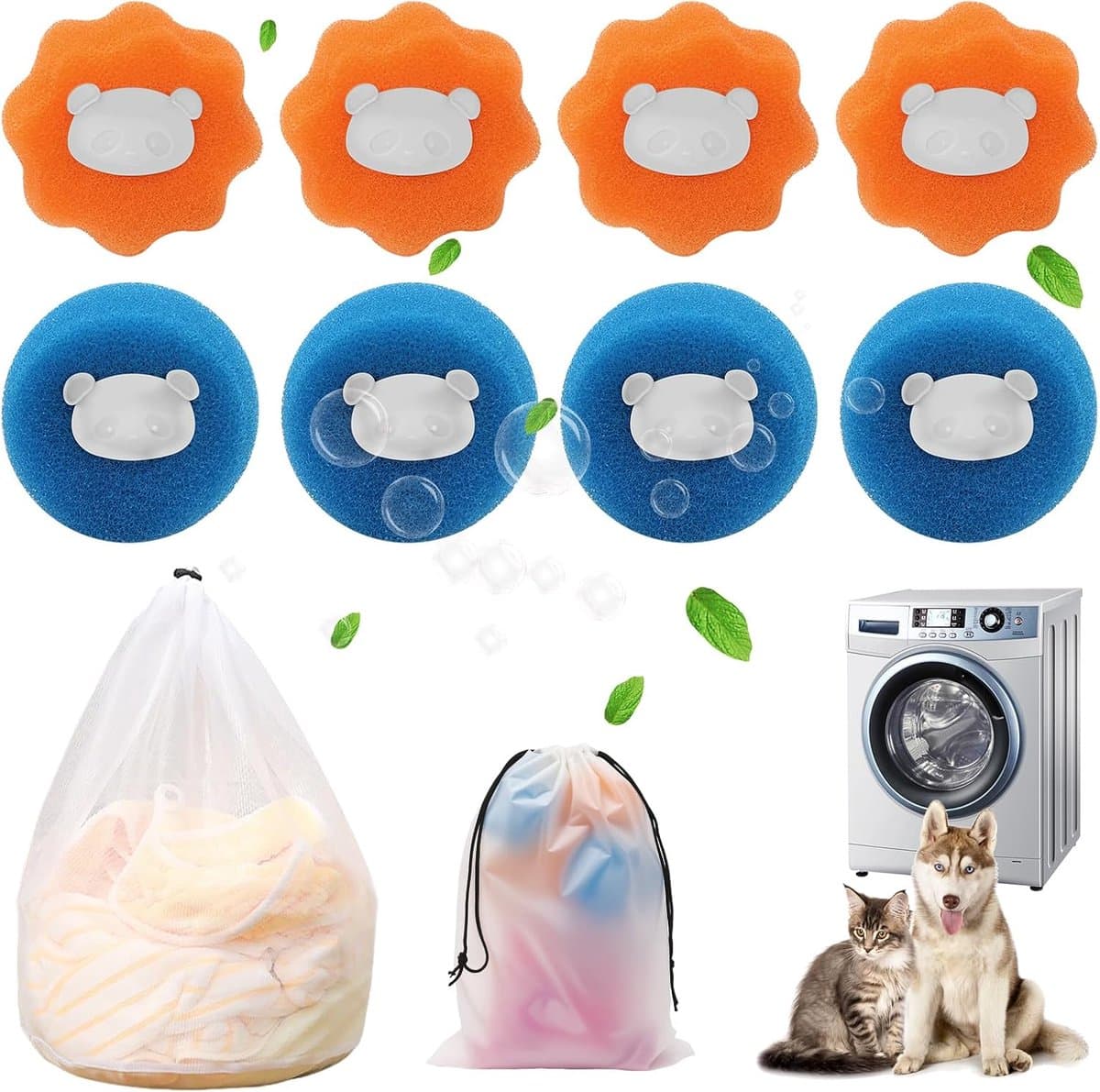 SnelShoppen - Dierenhaarverwijderaar 8 stuks - Herbruikbare Wasballen met Wasnet en Opbergtas - Effectieve Pluisballen voor Dierenharen en Pluisjes in — afbeelding 1