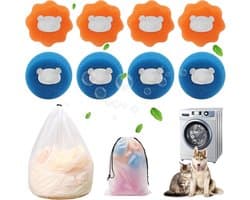 SnelShoppen - Dierenhaarverwijderaar 8 stuks - Herbruikbare Wasballen met Wasnet en Opbergtas - Effectieve Pluisballen voor Dierenharen en Pluisjes in
