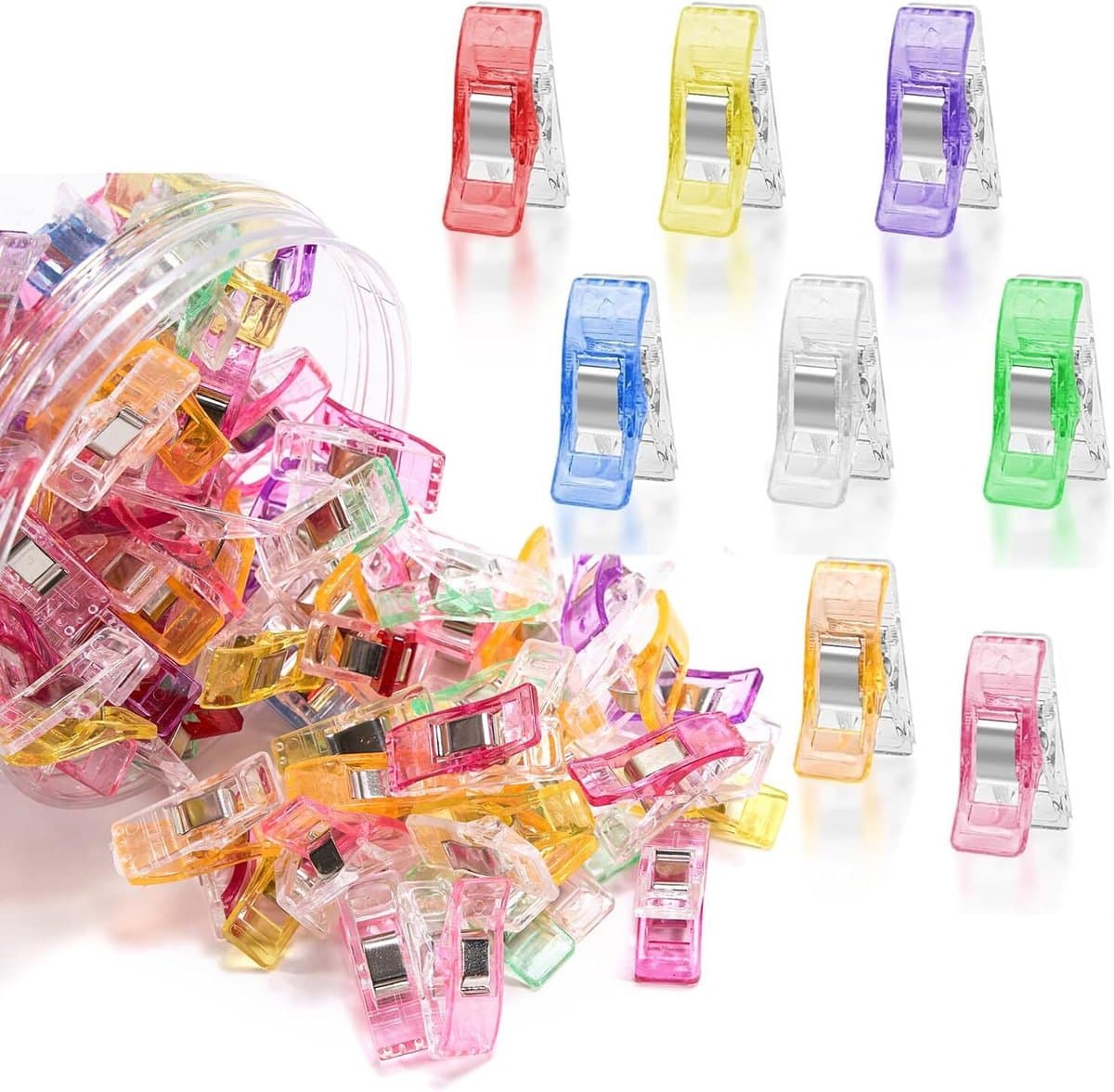 Verpakking van 80 plastic naaiclips, multifunctionele ABS-bijlvormige klemmen met maatverdeling, clips voor quilten, breien, haken en knutselen, ophangclips voor stof, papier en banden. — afbeelding 1