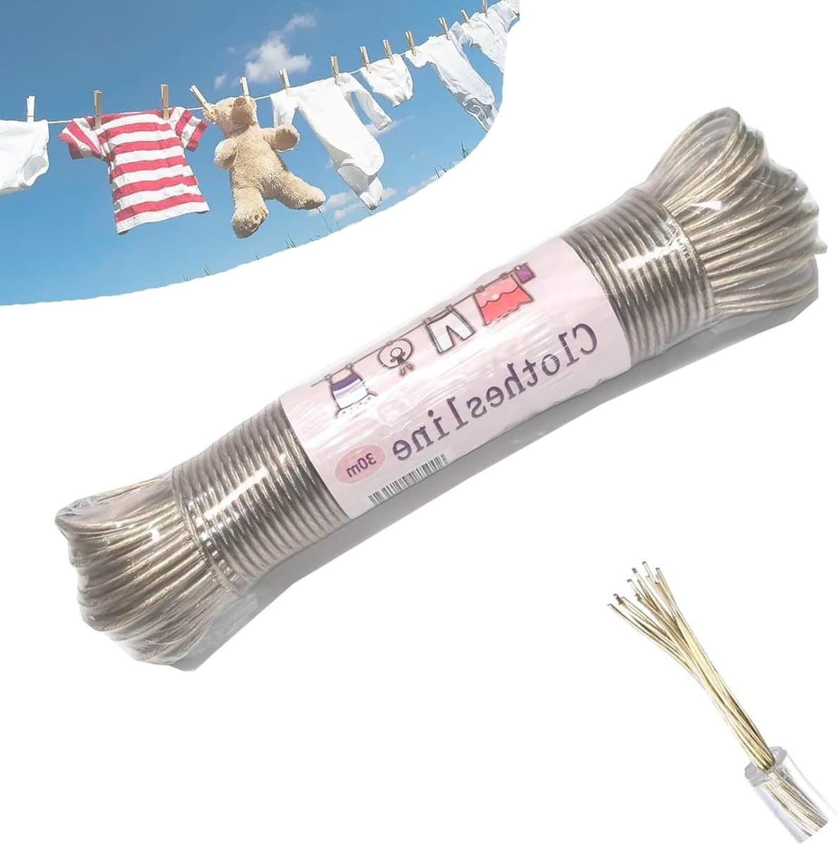 Waslijn uittrekbaar - Transparant - 30 meter - Stalen kern met PVC coating - Voor buitengebruik en camping — afbeelding 1