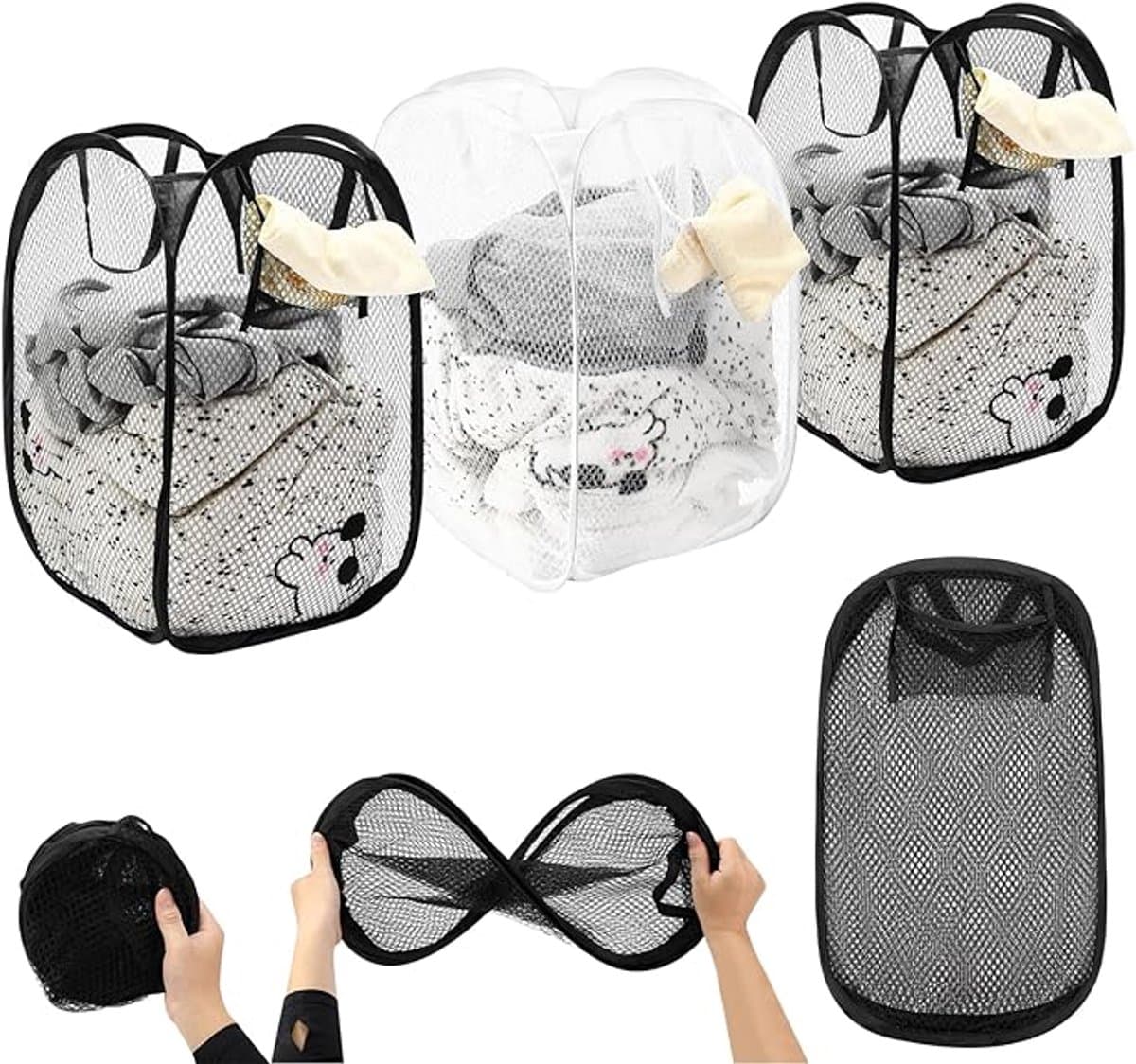 3stuks - Opvouwbare Wasmand - Afmetingen: 36 x 36 x 56 cm - Opvouwbaar - Draagbare wasmand van gaas - Met handvat - Geschikt voor badkamers, studentenkamers, camping, kinderkamers - Zwart, Wit — afbeelding 1