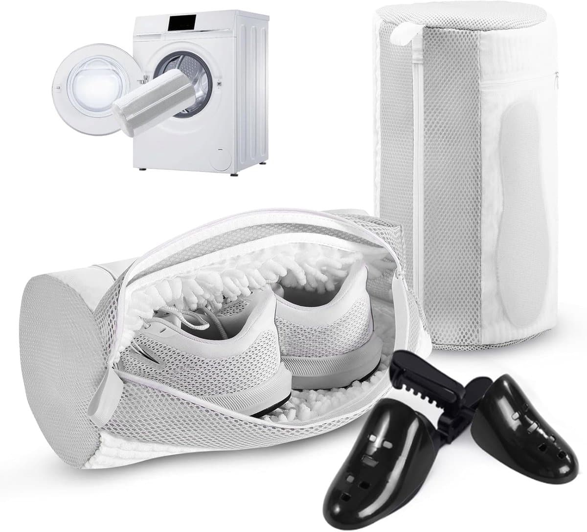 SnelShoppen - 2-Pack Waszak voor Schoenen met Mesh Zijvakken, Machinewasbaar, 360° Reiniging, Verborgen Zijrits, Wit, Ideaal voor Thuis en Reizen — afbeelding 1