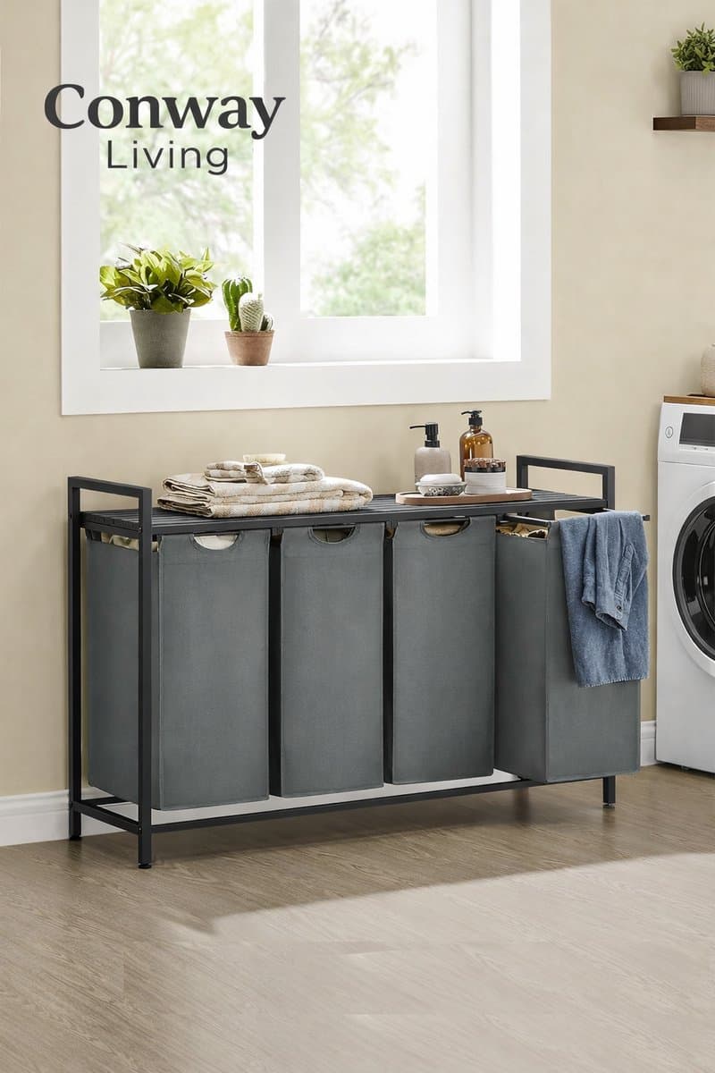 Conway Living® Wassorteerder - 4 vakken - 160L - Metaal - Grijs en Zwart -Wasmanden - Wassorteerder 4 vaken - 116 x 33 x 72 cm — afbeelding 1