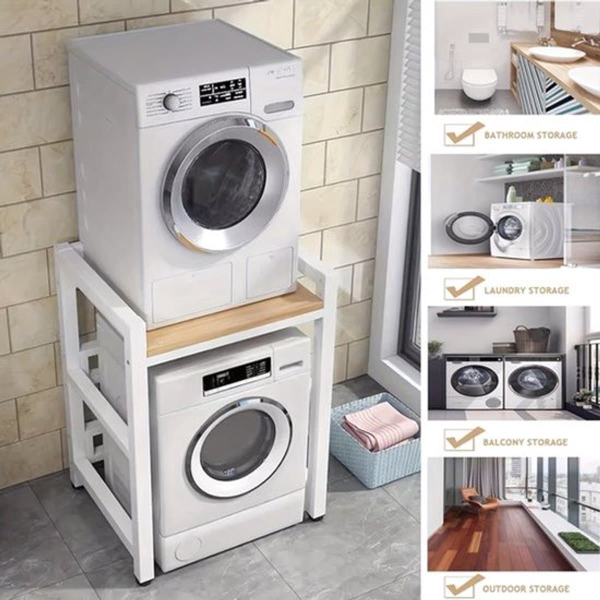 Wasmachine standaard – Wasdroger rek – Verhoger – Opbouwmeubel – Opbergrek – Verstelbaar in hoogte – Zwart smeedijzer met plank — afbeelding 1